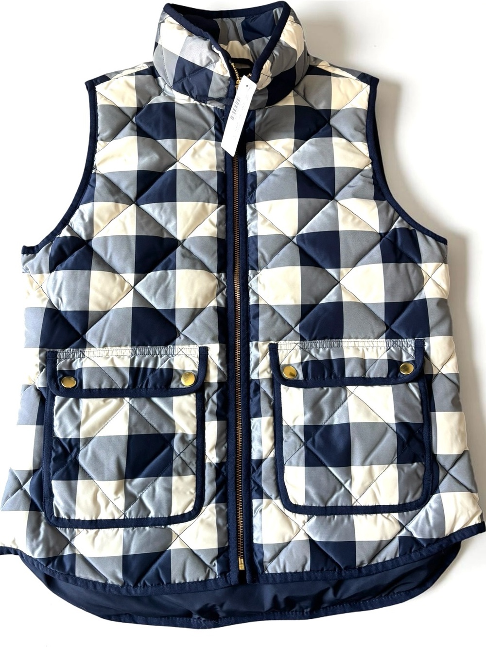 NWT J. Crew Blue Buffalo Check Gingham Excursion Quilted Down Vest Preppy S